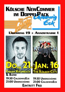 Kölsch im Doppelpack "Fabian Kronbach & Band" und "The Kölsch Cats" live auf der Bühne in der Ubierschänke und im ChlodwigEck